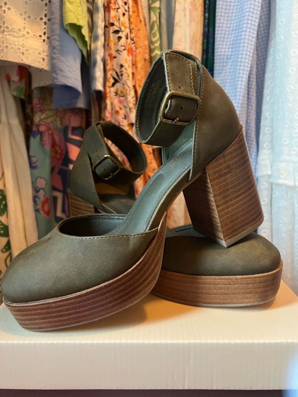Cushionaire Olive Green Platform Ankle Strap Chunky Heels